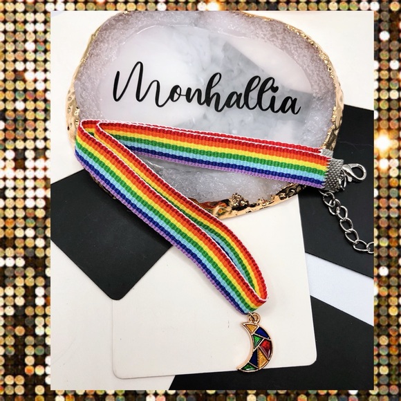 New mosaic Crescent Moon rainbow charm rope pride LGBTQ choker necklace - Picture 3 of 3
